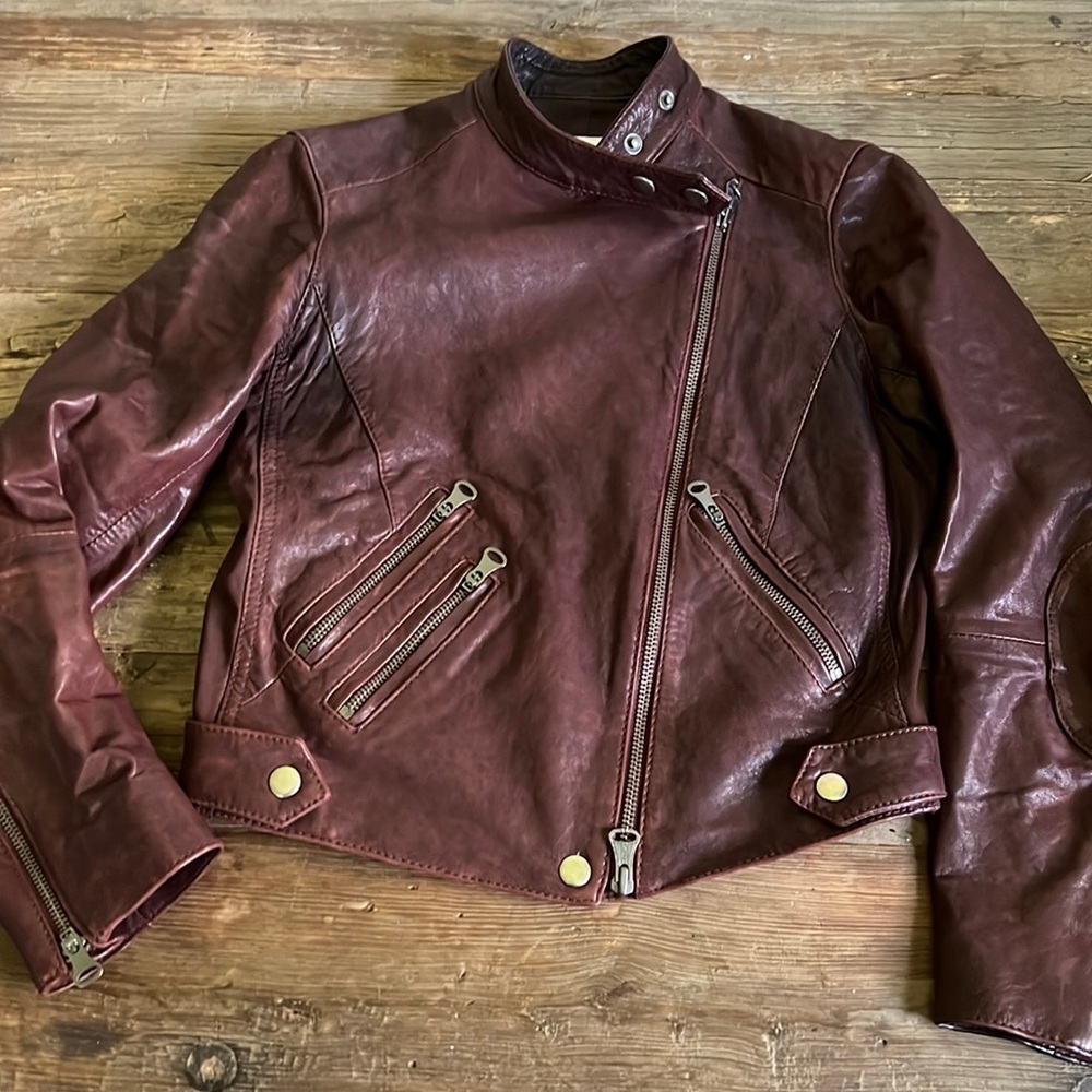 Club Monaco Vintage Leather Motorcycle Jacket in washed merlot leather